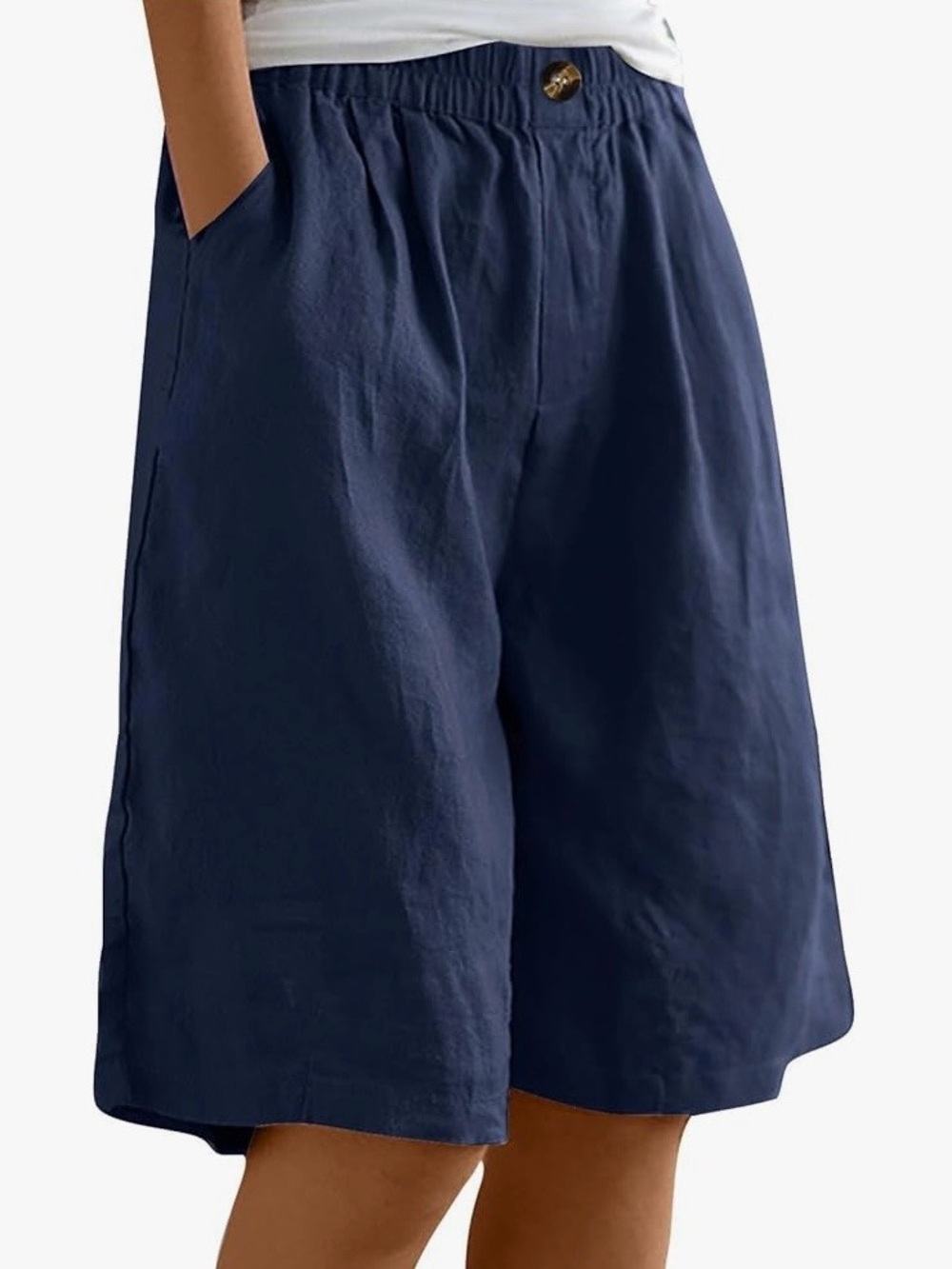 Navy Wide-Leg Linen Blend Shorts